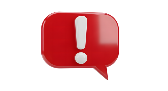 Red speech bubble with white exclamation mark on white background.