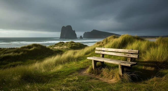 A weathered wooden bench sits on a grassy dune overlooking a dramatic coastline with rocky sea stacks under a stormy sky