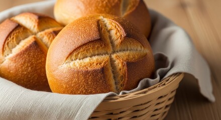 The crisp, golden-brown crust of the rolls contrasts with the soft texture of the light gray linen cloth lining the basket.