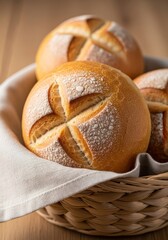 Food photography of kaiser rolls or small, round boules, emphasizing their texture and artisan quality.