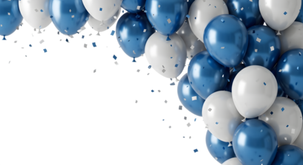 Blue and white balloons scattered on a black background isolated on transparent background