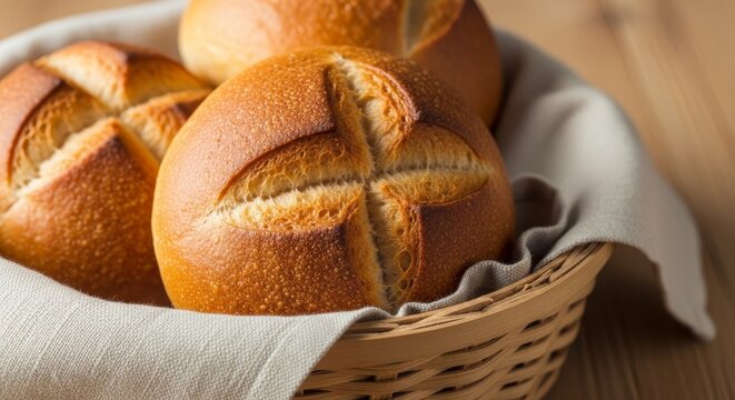 The crisp, golden-brown crust of the rolls contrasts with the soft texture of the light gray linen cloth lining the basket. - Powered by Adobe