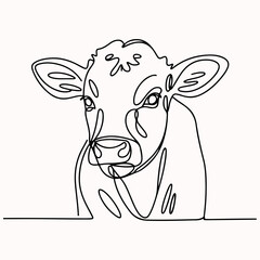 Minimalist one-line drawing of a cute calf head looking forward. Continuous line art illustration of a baby cow