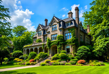 In Boston, Massachusetts, USA, this elegant stone Gothic Revival home is encircled by a vibrant garden.