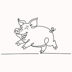 Cheerful smiling piglet running in a continuous one-line art style. Minimalist farm animal character icon for a logo concept