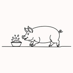 Adorable Pig Approaches a Bowl of Food A Simple Black and White Illustration