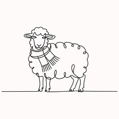 Line art illustration of a sheep wearing a scarf, simple and elegant design