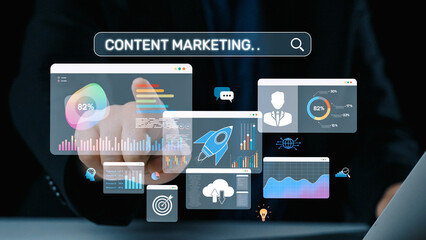Content marketing interface with data dashboards, analytics charts, and content tools. Marketing success comes from content performance, content planning, and marketing optimization. Elide