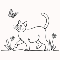 A charming minimalist line drawing of a playful cat chasing a butterfly in a field