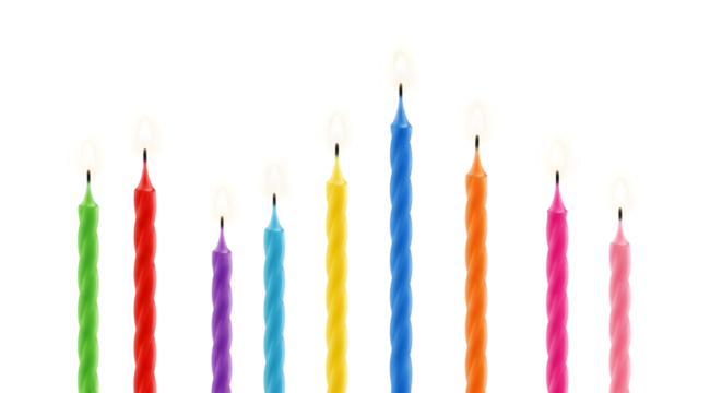 Assortment of colorful birthday candles isolated on transparent background