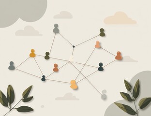 A network of interconnected people, subtly colored and connected by thin lines, against a light background with soft clouds and foliage, suggesting community and connection.