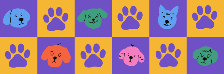 Playful dog face and puppy head illustration with doodle cartoon style. Cute pet character icon in vector format