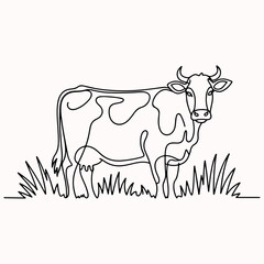 Continuous line art drawing of a dairy cow standing in a grassy field, symbolizing farm life and natural milk production in a minimalist style