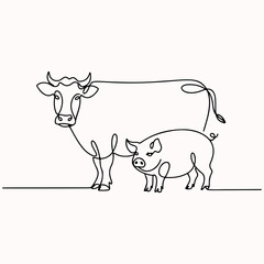 Farm Animals Line Art Cow and Pig Minimalist Illustration