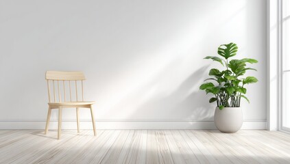A minimalist, sunlit room with a wooden chair and a vibrant houseplant, showcasing a peaceful and bright atmosphere.