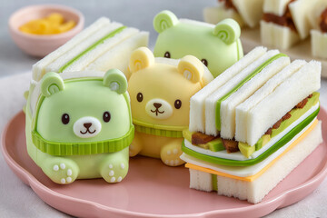 Children's breakfast concept with animal-shaped sandwich with avocado and boiled egg, served on pastel plate. 