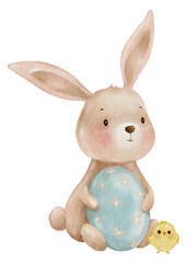 Watercolor bunny holding Easter egg with little chick on white background.Vector cute animal cartoon handraw for Easter greeting cards,kids illustration,spring decoration, holiday design