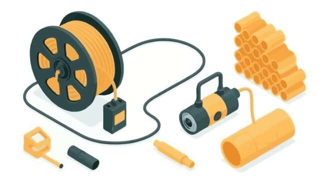 Isometric illustration of fiber optic cable installation equipment including a reel splicing tools and conduit for telecommunications network setup