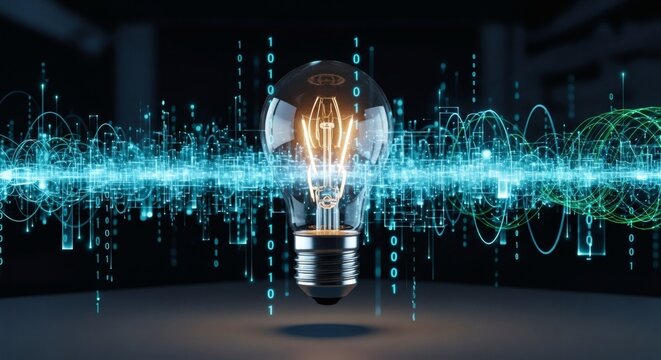 Light Bulb Shining With Data Visualization And Digital Binary Code