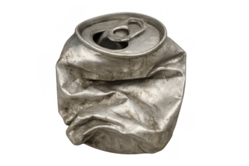 Crushed aluminum can showing waste and pollution, collecting garbage for recycling, transparent background