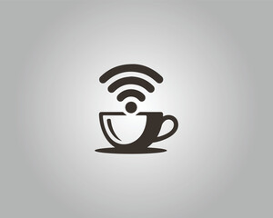 Dark brown coffee cup with wifi symbol and waves on gray vector template background signal