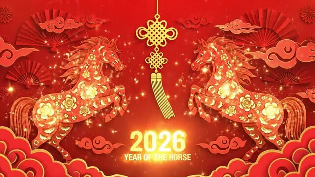 Celebrate the 2026 Year of the Horse with this stunning red and gold animated festive backdrop for Chinese New Year celebrations