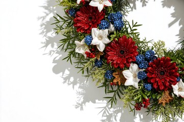 Festive patriotic floral wreath with red gerbera daisies, white narcissus, and blue berries on a bright white background with strong shadows
