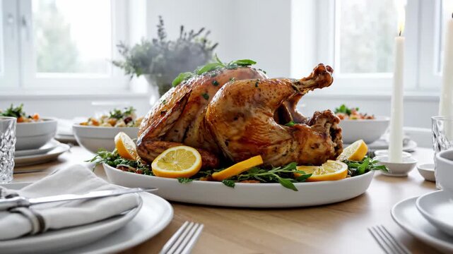 Delicious roasted turkey with lemon and herbs on a beautifully set Thanksgiving dinner table, ready for a festive holiday meal footage. - Powered by Adobe