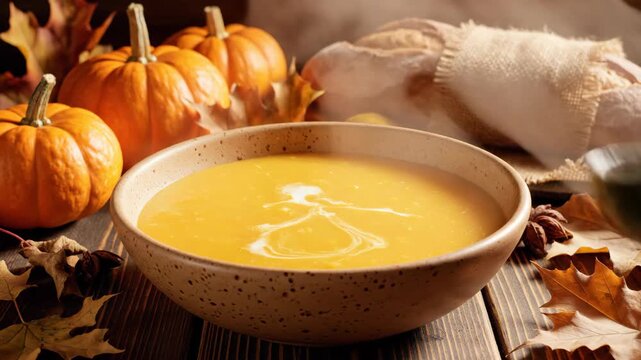 Pumpkin soup being served in brown bowl for Thanksgiving dinner on wooden table with autumn decoration footage.