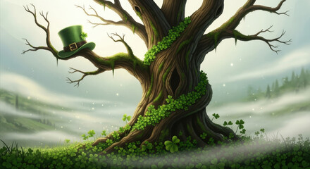 leprechaun's green hat on old gnarled tree with shamrocks in misty landscape. st. patrick's day celebration. greeting card, banner, website header with copyspace.