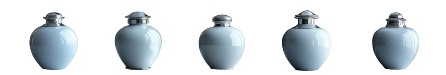 Obraz premium Five light blue ceramic vases with decorative tops isolated on transparent background