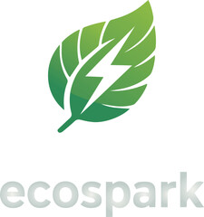 Green leaf with lightning bolt symbol and ecospark text vector template energy