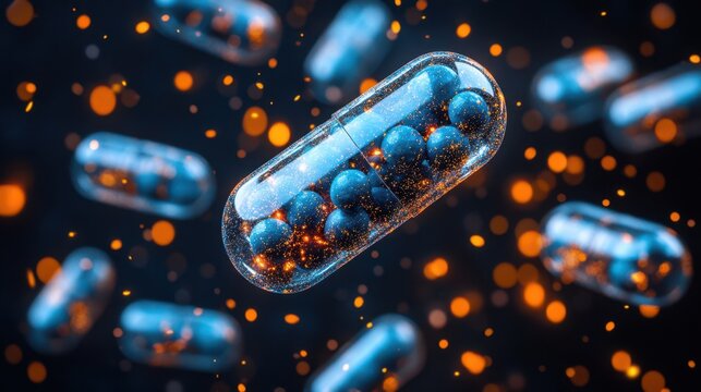 Pilules transparentes flottant dans l'air, affiche concept m&eacute;dical, publicit&eacute;, actualit&eacute;s