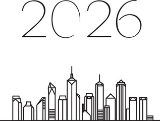 Minimal City Skyline with Fireworks and 2026 Typography Black Vector