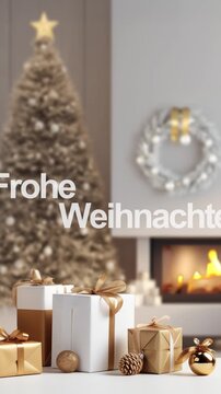 Schwenken der Kamera auf Weihnachtsbaum, Geschenke und Kamin &ndash; vertikale Animation