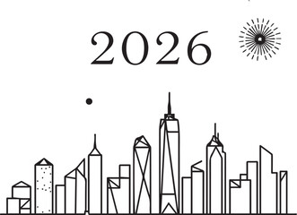 Minimal City Skyline with Fireworks and 2026 Typography Black Vector