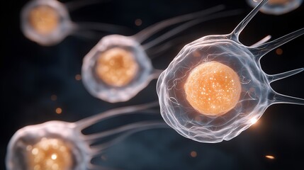 Microscopic scene showing translucent biological cell layers with a visible nucleus and fibrous filaments extending outward, representing genetic research, cellular communication, and molecular