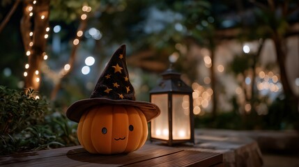 Naklejka premium Cute pumpkin with oversized witch hat near a glowing lantern, emotion of warmth and mystery visible, representing Halloween home decor, magical seasonal crafts, and cozy evening ambiance in autumn