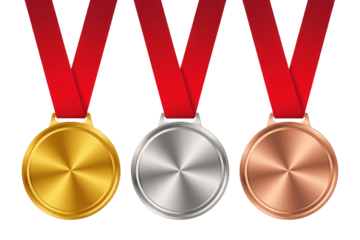 Gold Silver Bronze Medals with Red Ribbon | Achievement Awards for Sport, Competition, and Business Recognition