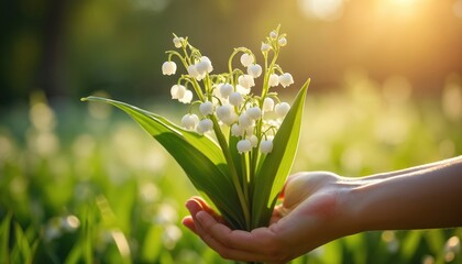 Obraz premium Human hands hold delicate Lily of Valley flowers. White bells bloom in spring garden. Person gently presents fresh bouquet under warm sun light. Enjoy nature beauty, growth, purity, green plants in