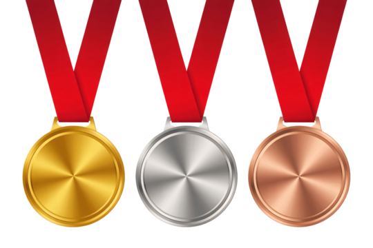 Gold Silver Bronze Medals with Red Ribbon | Achievement Awards for Sport, Competition, and Business Recognition