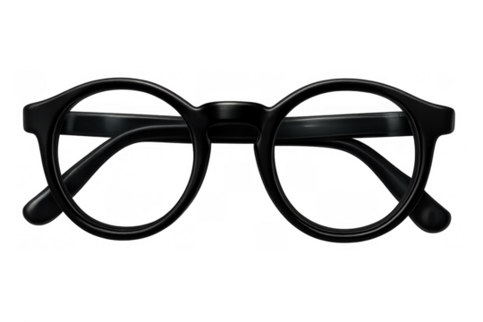 Black round eyeglasses providing vision correction and a classic eyewear style, isolated on transparent background