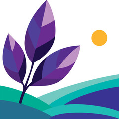 Plant with purple leaves growing on rolling hills under a yellow Sun