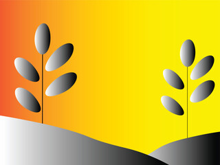Abstract gray plants on hills with bright yellow and orange gradient background