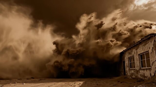Dramatic Cinematic Dust Storm Sweeps Through Desolate Abandoned Street