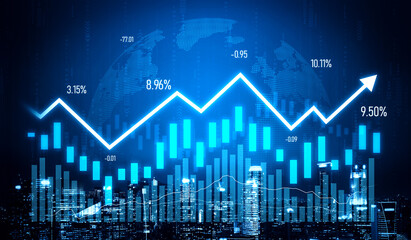 Vivid representation of financial growth with blue bars and upward trends over a modern city skyline, showcasing data analysis and investment success. Scalp