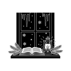 Vector art of cozy winter scene with book and lantern