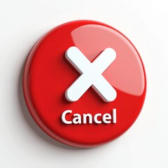 Fototapeta premium Red 3D circular button with white text Cancel and white cross symbol. Clear glossy finish with soft shadow. UI element for rejection or stopping.