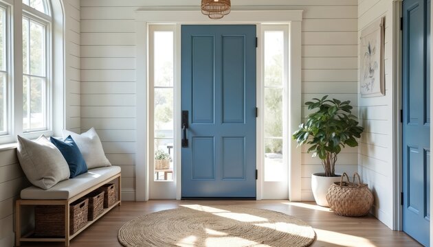 Bright home entryway shows striking blue front door with side windows. White shiplap walls, wood floor, round natural fiber rug, cozy bench with pillows create welcoming, coastal design. Green plant