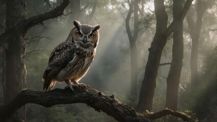 Obraz premium Majestic Owl Perched on Branch in Misty Forest.